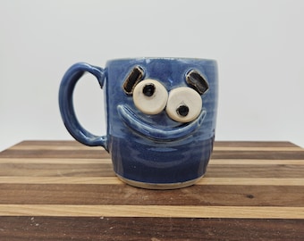New Parent Coffee Cup | Large Blue Pottery Mug for New Dad | Happy Smiley Face
