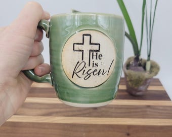 Handmade Pottery Easter Mug | Green | He is Risen | 12 Oz