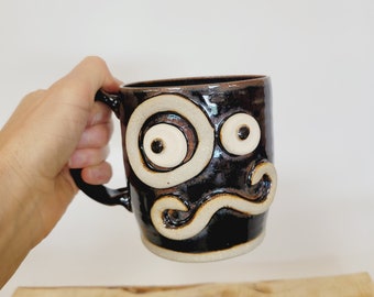 Great Gift for Dad. Man Mustache Mug with Monocle. Gentleman Handlebar Mustache Lover Gift. Husband Boyfriend Dad Gifts. Brown Pottery