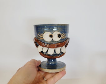 NEW. Funny Face Wine Goblet for Her. Woman's Ceramic Short Stemmed Dessert Port Glasses. Stoneware Pottery Toasting Glass. Ug Chug