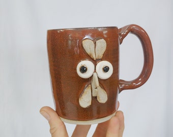 Farmhouse Rooster Mug. LEFT HANDED Chicken Collector Coffee Cup. Handmade Stoneware Clay Pottery. Ceramic Cups Mugs. Ug Chug Animal Face