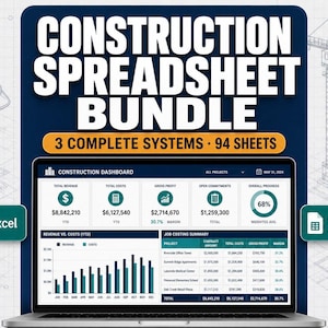 May include: A digital construction spreadsheet bundle featuring 3 complete systems and 94 sheets. The display shows a laptop screen with a construction dashboard, revenue versus costs bar charts, and job costing summary tables for Excel and Google Sheets.