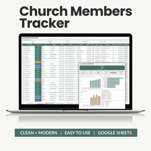 Op de afbeelding: Een laptopscherm met een Church Members Tracker-spreadsheet, een ledenlijst en een dashboard met gegevensgrafieken. De tekst Church Members Tracker en CLEAN + MODERN | EASY TO USE | GOOGLE SHEETS is zichtbaar op de afbeelding.
