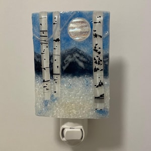 Winter Mountain Aspens forest full moon Fused Glass nightlight