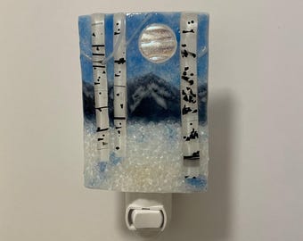 Winter Mountain Aspens forest full moon Fused Glass nightlight