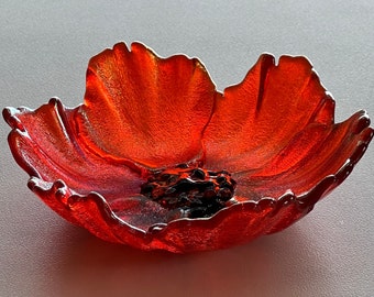 Fused Glass Art Poppy Flower Bowl Gift