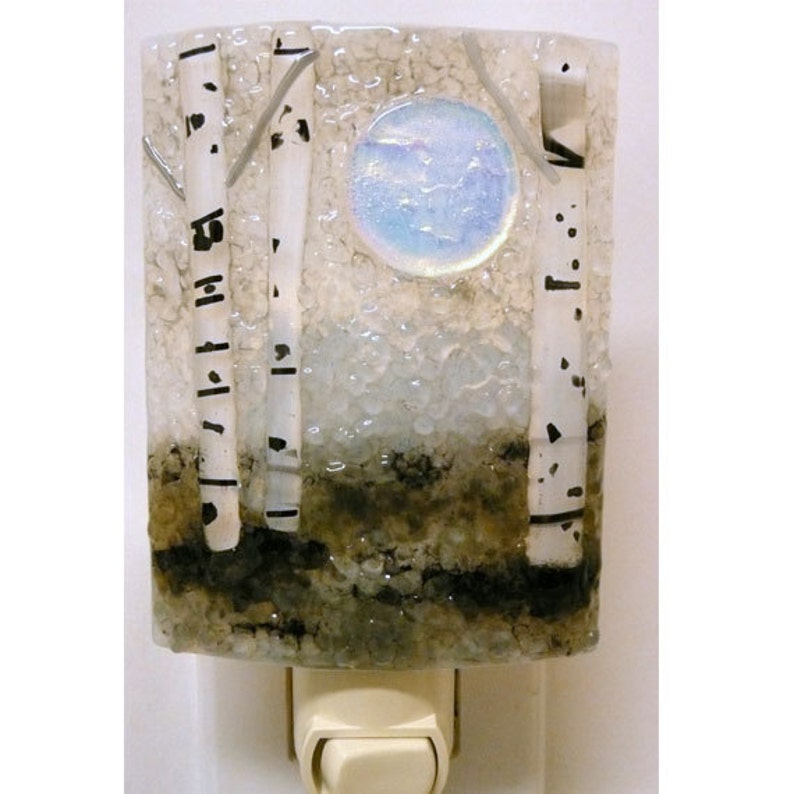 Moonlit Birch Night Light with Black and White Aspen Tree Design Cabin Chic Home Decor image 1