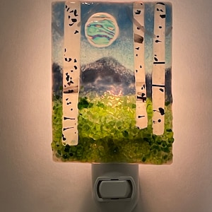 Fused Glass Summer Mountain Aspens with moon nightlight