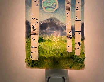 Fused Glass Summer Mountain Aspens with moon nightlight