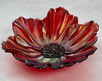 Vibrant Decorative Fused Glass Poppy Flower Bowl- Larger Size, Home Decor Perfect for Counter or Tabletop