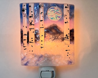 New Wider Design Winter Mountain Aspens forest full moon Fused Glass nightlight