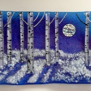 Midnight Birch Aspens with moon fused glass plate