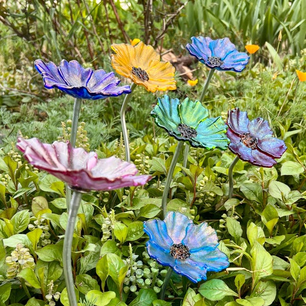 Fused Glass Flower Garden Stake: Handcrafted Metal Stem Decor