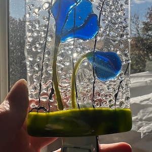 Fused Glass Night Light Poppy Bud Flower Gift Blue Red Orange
