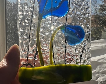 Fused Glass Night Light Poppy Bud Flower Gift Blue Red Orange