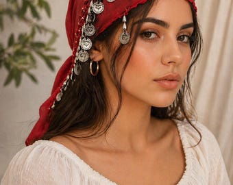 Copricapo Boho con monete, sciarpa rossa / Fascia per capelli da festival fatta a mano / Fascia per capelli stile gitano / Gioiello per capelli Boho regolabile / Foulard etnico con monete