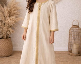 Caftano marocchino per bambine, color crema e oro / Abito caftano tradizionale per bambine di 8, 9 e 10 anni / Abito per l'Eid / Abito marocchino fatto a mano / Elegante caftano per bambini