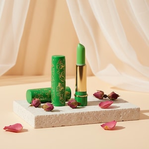 Puede incluir: Barra de labios verde en un tubo dorado, con una tapa verde decorada con diseños florales dorados. El labial se exhibe sobre un bloque rectangular blanco, con capullos y pétalos de rosas secas.