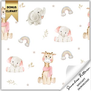 Watercolour African animal pattern, gender neutral nursery pattern, cute lion background, baby elephant digital paper, kids seamless pattern