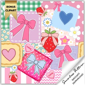 May include: A vibrant digital collage with pink bows, strawberries, hearts, and flowers. The design includes the text "BONUS CLIPART" and "Seamless Pattern INSTANT DOWNLOAD". The overall theme is cute and whimsical, perfect for crafting projects.