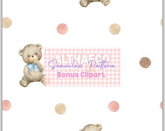 Watercolor Teddy Bear Seamless Pattern, Nursery Fabric Print (Digital Download)