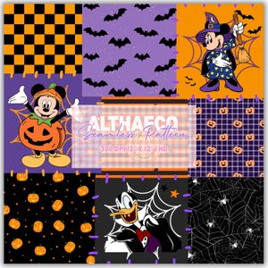May include: A digital collage of Halloween-themed patterns featuring Mickey Mouse in a pumpkin costume, Minnie Mouse as a witch, and Donald Duck as a vampire. The design includes orange and black checkers, purple bats, spiderwebs, and pumpkins.