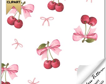 Cherry Digital Paper, Coquette Pink Bow, Valentine&#39;s Day Digital Paper, Cherries, Scrapbook Paper, Gingham, Red and Pink, Instant Download