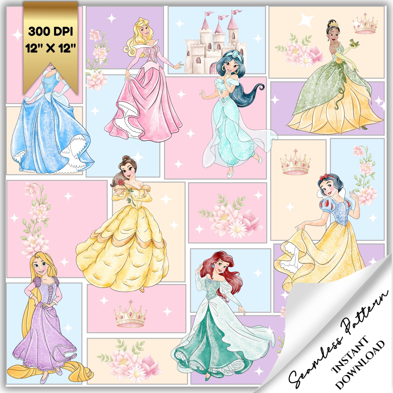 Cartoon Princess Patchwork Seamless Pattern: Magical World Fabric ...