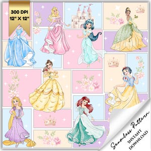 Op de afbeelding: Een naadloos patroon met illustraties van prinsessen in jurken. Het ontwerp bevat een kasteel, bloemmotieven en kronen, tegen een pastelkleurige achtergrond. Het patroon is 30,48 cm x 30,48 cm en is gelabeld als 300 DPI.