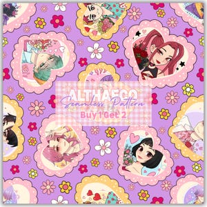 May include: A seamless pattern featuring anime-style illustrations within heart-shaped frames, set against a lavender background with floral accents. The design includes the text "ALTHAECO Seamless Pattern" and "Buy 1 Get 2".