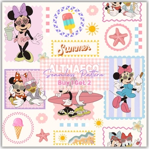May include: A seamless pattern featuring Minnie Mouse and Daisy Duck in summer attire. The design includes ice cream cones, a surfboard, and the word "Summer". The text "Buy 1 Get 2" is also present.