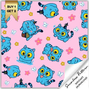 May include: A seamless pattern with cartoon blue cats with yellow eyes and black stripes on a pink background, interspersed with flowers and butterflies. The design includes the text "Buy 1 Get 2".