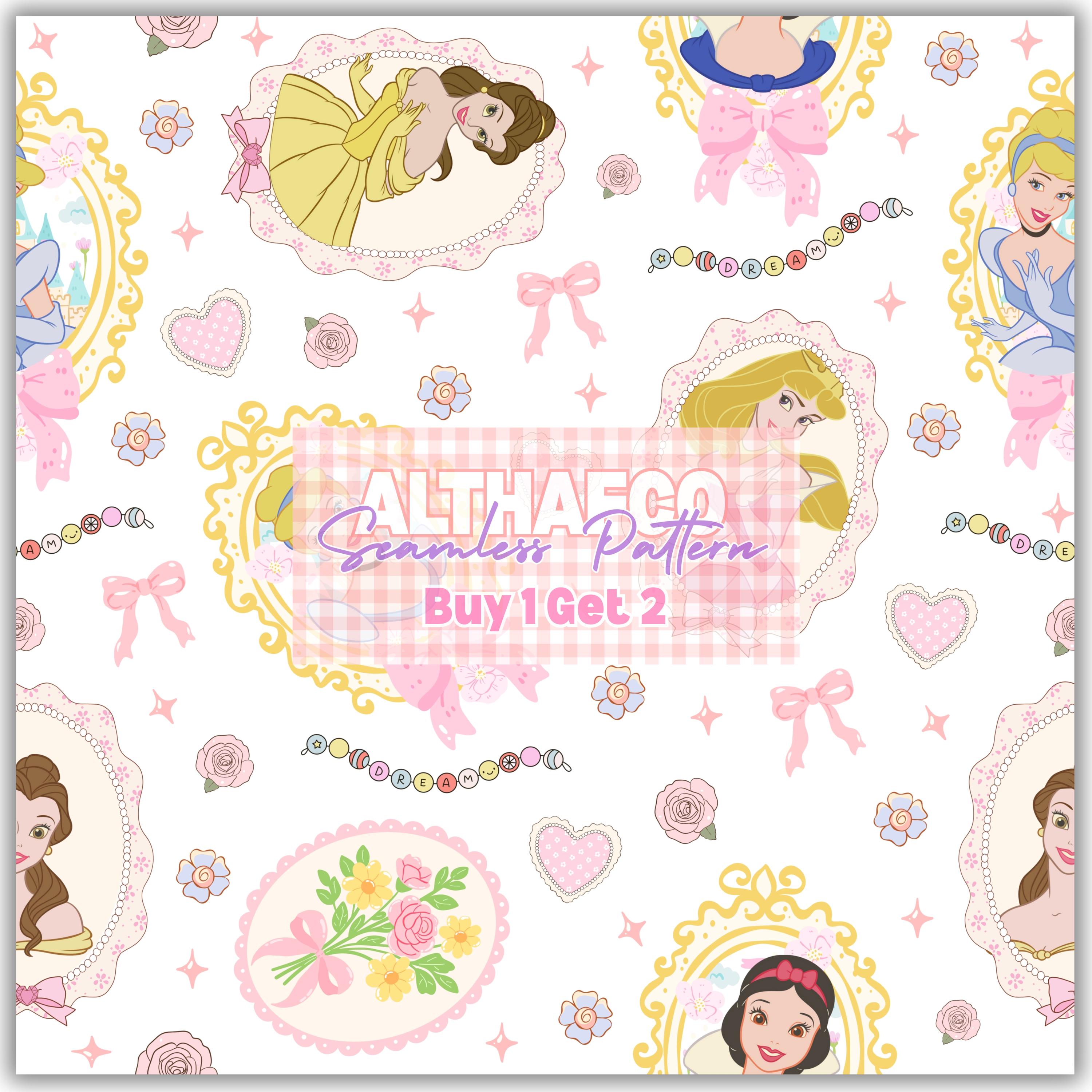 Cartoon Princess Frame Seamless Pattern: Magical World Fabric (digital ...