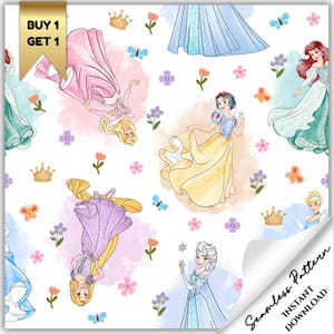 Può includere: Motivo senza cuciture con illustrazioni ad acquerello di varie principesse, tra cui Biancaneve, Aurora ed Elsa, con farfalle, fiori e corone su sfondo bianco. L'immagine include il testo "Buy 1 Get 1" e "Seamless Pattern Instant Download".