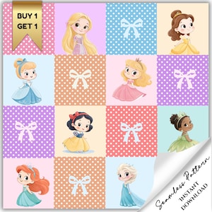 May include: A seamless pattern featuring cartoon princesses in colorful squares with polka dot backgrounds and white bows. The image includes text that says "BUY 1 GET 1" and "Seamless Pattern INSTANT DOWNLOAD".