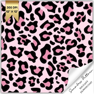 May include: A seamless pattern featuring black and pink leopard spots on a light pink background. The design is 12" x 12" and is labeled as 300 DPI. The corner of the pattern is folded over, revealing the text "Seamless Pattern INSTANT DOWNLOAD".