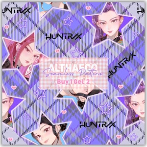 May include: Seamless pattern design featuring anime-style illustrations of women, stars, and hearts. The background has a plaid pattern in shades of purple, gray, and white. The text "ALTHAECO Seamless Pattern" and "Buy 1 Get 2" is also visible.