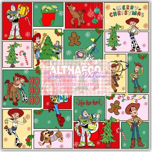 May include: A digital seamless pattern featuring Toy Story characters in a Christmas theme. The grid displays Buzz Lightyear, Woody, Jessie, Bullseye, and Slinky Dog alongside Christmas trees, stockings, gingerbread men, and the text Merry Christmas.