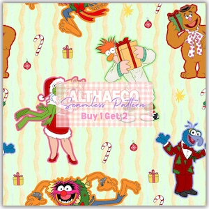 May include: A seamless pattern featuring various Muppet characters in holiday attire, including Kermit the Frog, Miss Piggy, Fozzie Bear, Beaker, Gonzo, and Animal, interspersed with candy canes, gift boxes, and ornaments on a light green background.