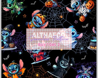 May include: A seamless pattern on a black background featuring multiple blue alien characters in various Halloween costumes, including a mummy, a vampire, and a witch, interspersed with white spiderwebs, orange pumpkins, and small bats.