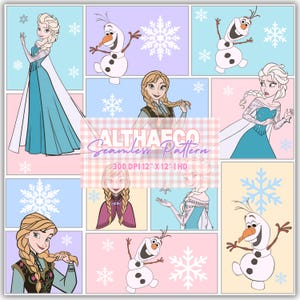 May include: A seamless pattern featuring cartoon characters Elsa, Anna, and Olaf from the movie Frozen. The design includes snowflakes and the text "ALTHAECO Seamless Pattern" with dimensions 12 x 12 inches.