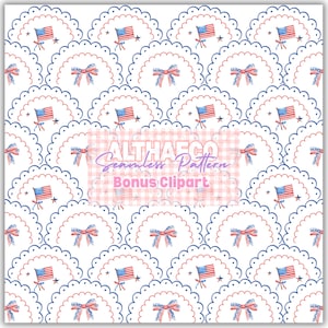 Patriotic Seamless Pattern: Red, White and Blue American Flag, Scallop Bows, 4th of July Independence (Digital Download)