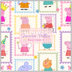 Könnte beinhalten: Ein nahtloses Muster mit Peppa Wutz-Figuren in verschiedenen Outfits und Posen, eingerahmt von bunten Briefmarkenrändern. Das Design enthält kleine Blumen und Schmetterlinge auf cremefarbenem Grund mit dem Textaufdruck ALTHAECO Seamless Pattern Buy 1 Get 2.