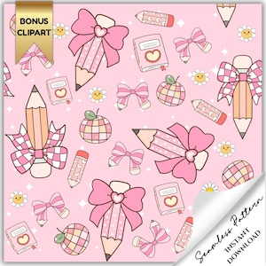 Puede incluir: Patrón sin costuras sobre un fondo rosa con lápices con lazos rosas, cuadernos con corazones, margaritas y manzanas en forma de globo. El texto incluye "BONUS CLIPART" y "Seamless Pattern INSTANT DOWNLOAD".