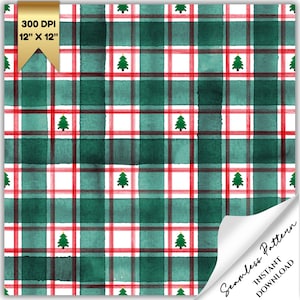 Green Gingham Christmas Tree Seamless pattern, Green Christmas Seamless Repeat, Winter Repeating Pattern for Commercial Use
