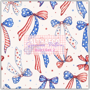 May include: A seamless pattern featuring watercolor bows in red, white, and blue, with star and stripe designs. The bows are scattered across a cream background, with small red and blue stars. The text "ALTHAFCO Seamless Pattern" and "Buy 1 Get 2" is also visible.