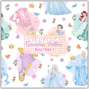 May include: A seamless pattern design with watercolour illustrations of Disney princesses, such as Aurora, Snow White, and Rapunzel, with floral and butterfly motifs. The design includes the text "ALTHAECO Seamless Pattern" and "Buy 1 Get 1".