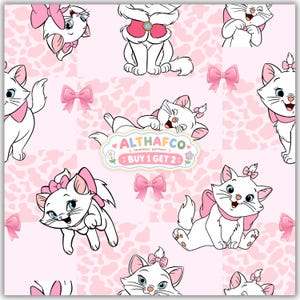 May include: A seamless pattern featuring white cartoon kittens with pink bows on a light pink background with a subtle cow print texture. The central label displays the text ALTHAFCO seamless pattern BUY 1 GET 2 with small flower icons.