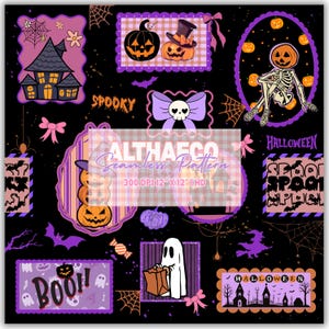 May include: A black digital seamless pattern featuring Halloween motifs including a haunted house, pumpkins, a skeleton, a ghost, bats, and spiderwebs. The design includes purple and orange accents, bows, and text reading SPOOKY, HALLOWEEN, and BOO.