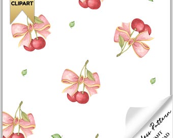 Cherry Digital Paper, Coquette Pink Bow, Valentine&#39;s Day Digital Paper, Cherries, Scrapbook Paper, Gingham, Red and Pink, Instant Download